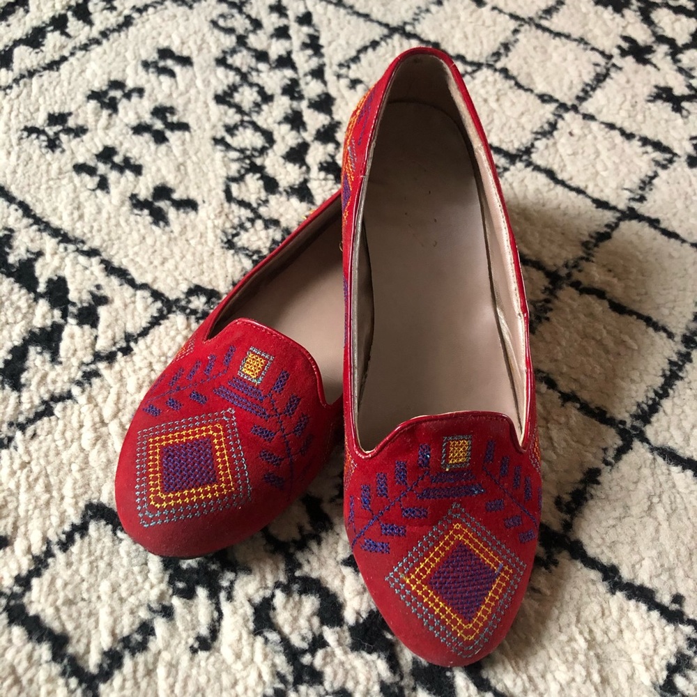 Yoki Embroidered Red Velvet Loafers